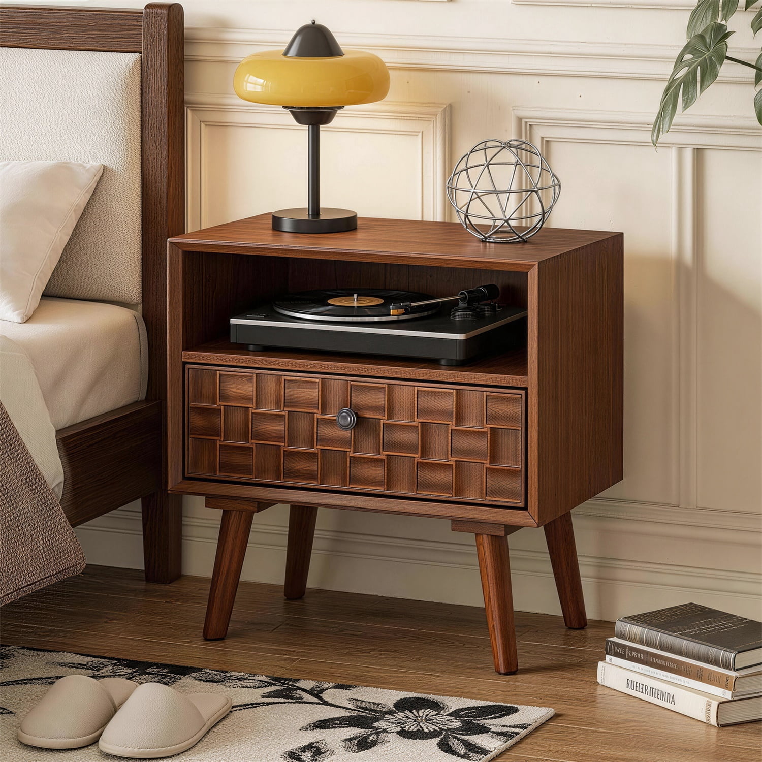 Hommoo 22" Mid-Century Modern Wooden Nightstand with Carved Geometric Drawer Front, Solid Wood Legs, Open Shelf & Spacious Drawer for Small Bedrooms, Apartments & Dorms, Walnut