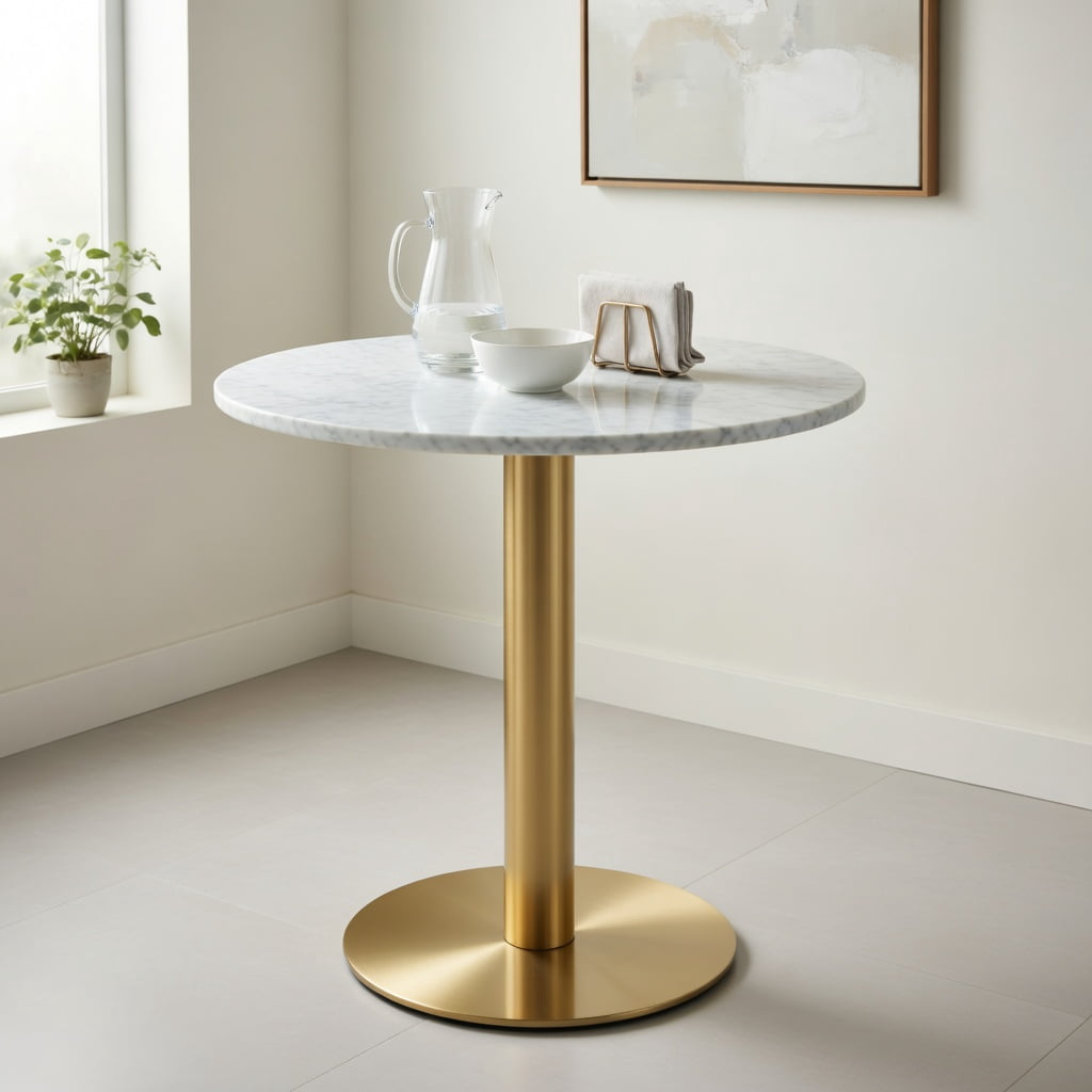 Hommoo 23.6 Inch Round Modern Light Luxury Table with Marble UV Finish & Stainless Steel Edge Banding, MDF Top, Metal Legs, Wobble-Free Design, White & Gold