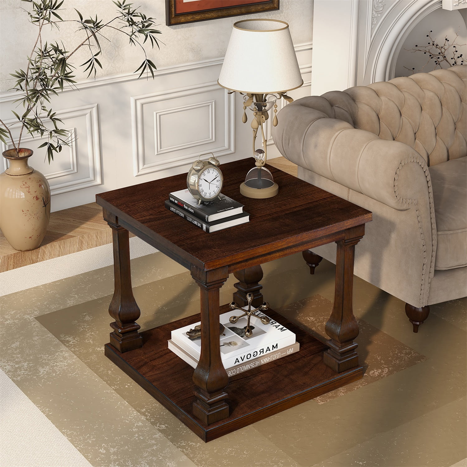 Hommoo 24.8" Farmhouse Wood End Table with Storage Shelf, Vintage 2-Tier Square Nightstand for Living Room, Bedroom & Entryway, Walnut