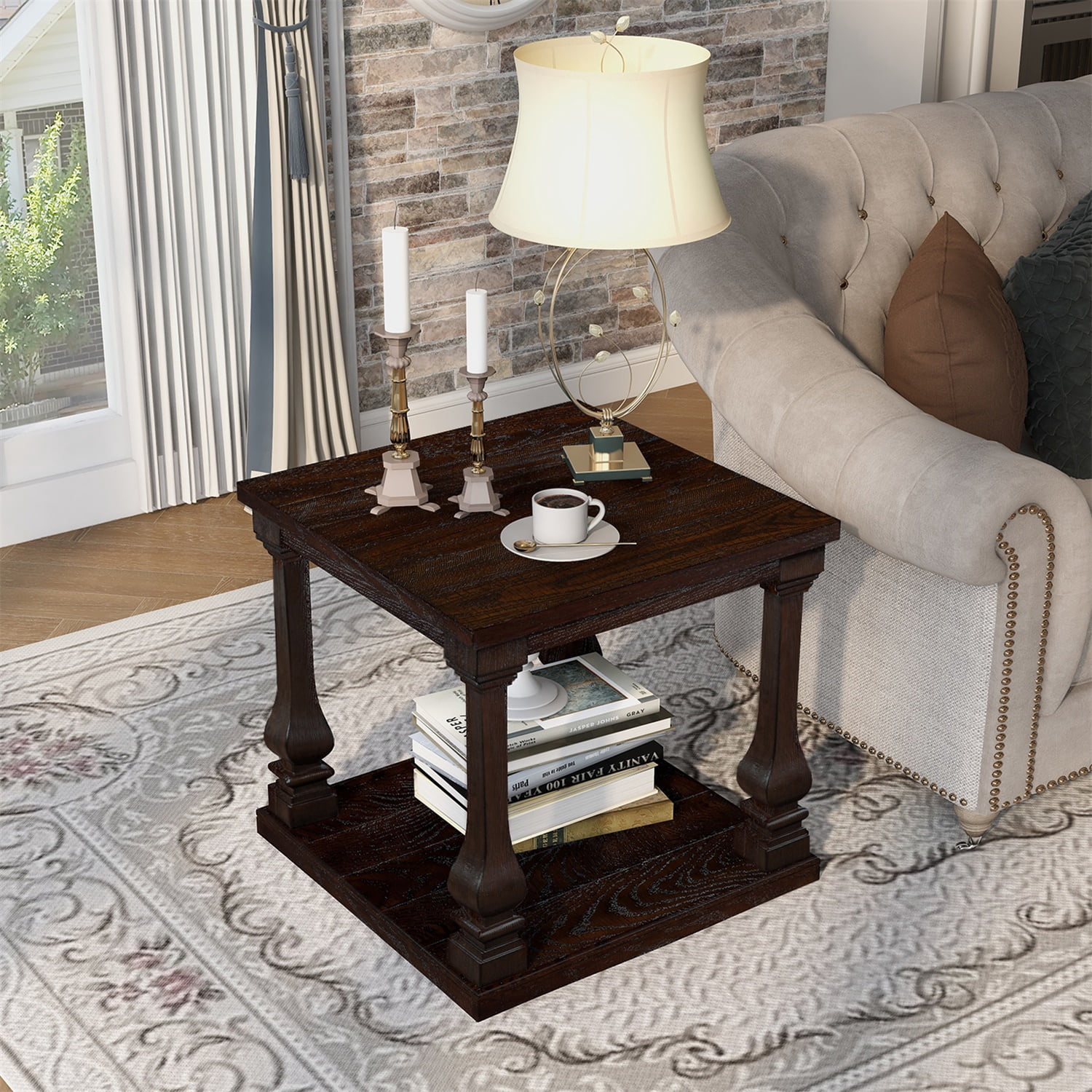 Hommoo 24.8" Farmhouse Wooden End Table with Storage Shelf, Vintage Square Side Table with Carved Legs for Living Room, Bedroom & Entryway, Espresso