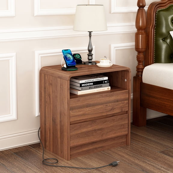 Hommoo 25" Tall Modern Wooden Nightstand Bedside Table with 2 Storage Drawers, Charging Station & Curved Profile Design, Mid Century End Table for Bedroom, Living Room, Walnut