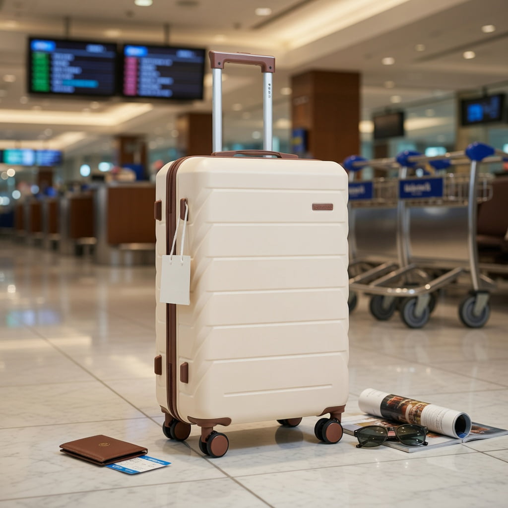 Hommoo 28" Beige ABS Hard Shell Checked Luggage with 360° Silent Spinner Wheels, TSA-Approved Combination Lock, Side Hooks & Retractable Handle, Beige