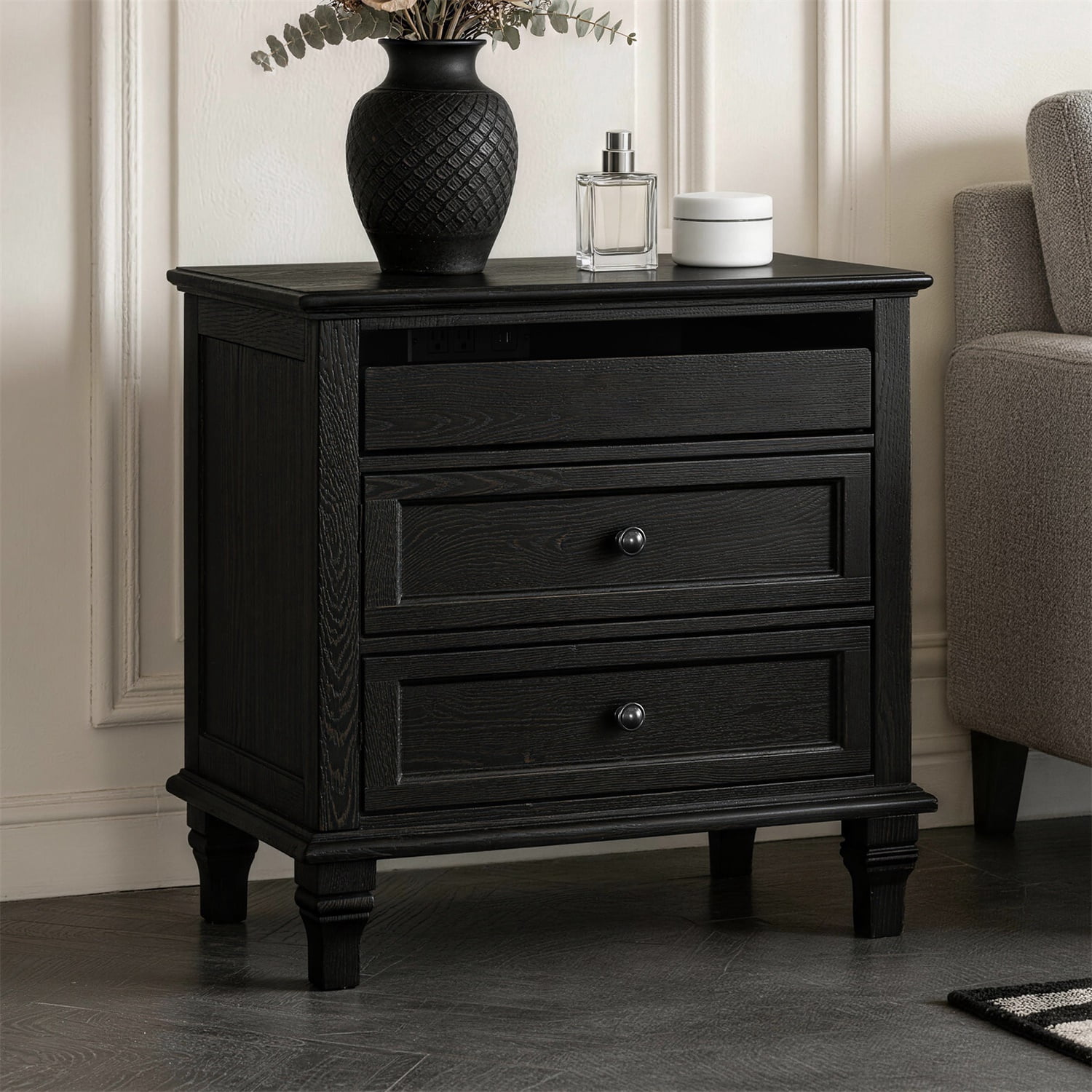 Hommoo 28" Farmhouse Wood Nightstand with Built-in Charging Station, 3 Drawers, 2 AC Outlets, USB & Type-C Ports, Solid Wood Legs, Bedside Table for Bedroom, Living Room or Office, Black