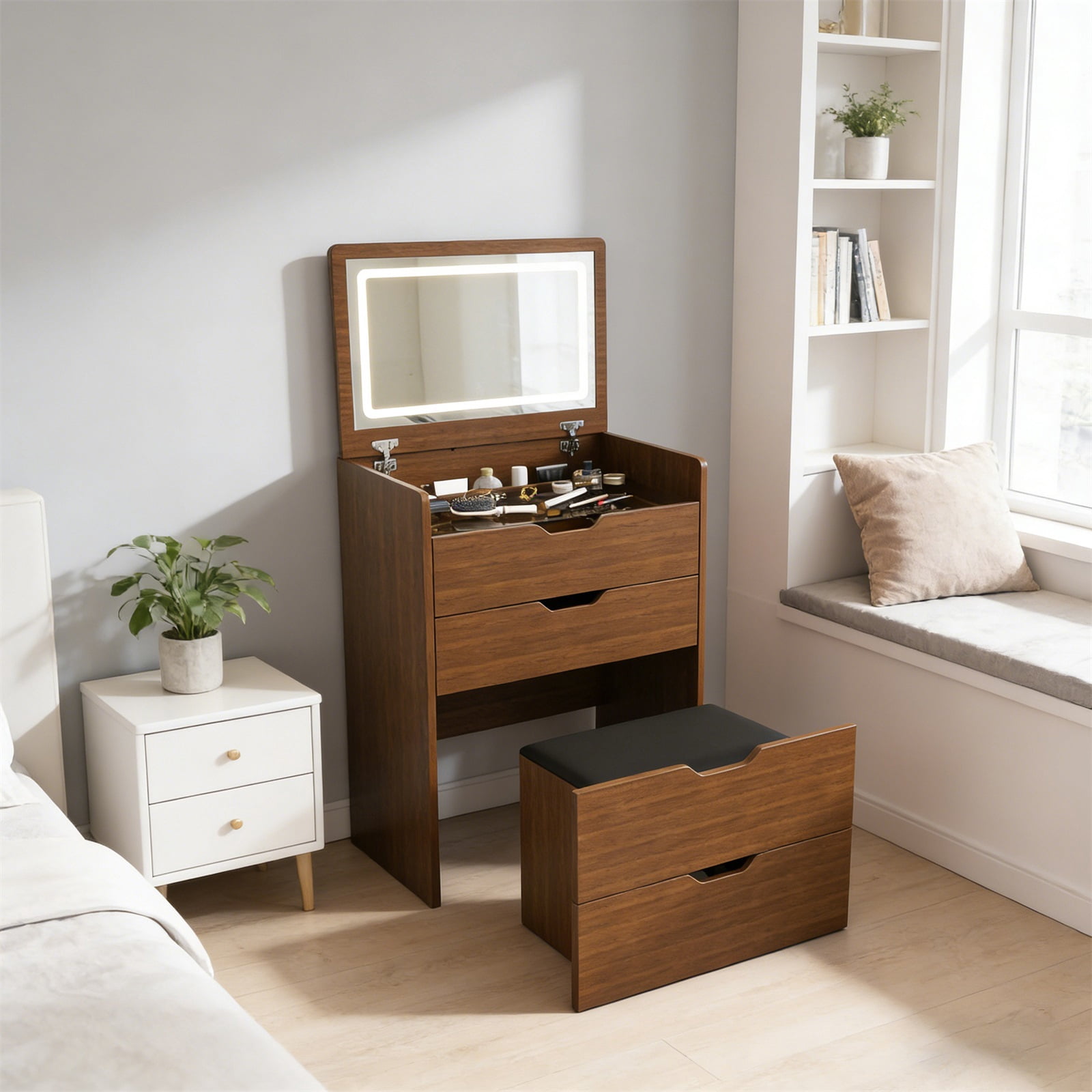 Hommoo 3 in 1 Vanity Desk with Flip Top Mirror and Lights, 23.62"D Makeup Vanity Set with Visible Glass Desktop, Compact Dressing Table with Drawers Storage and Cushioned Stool for Bedroom, Walnut