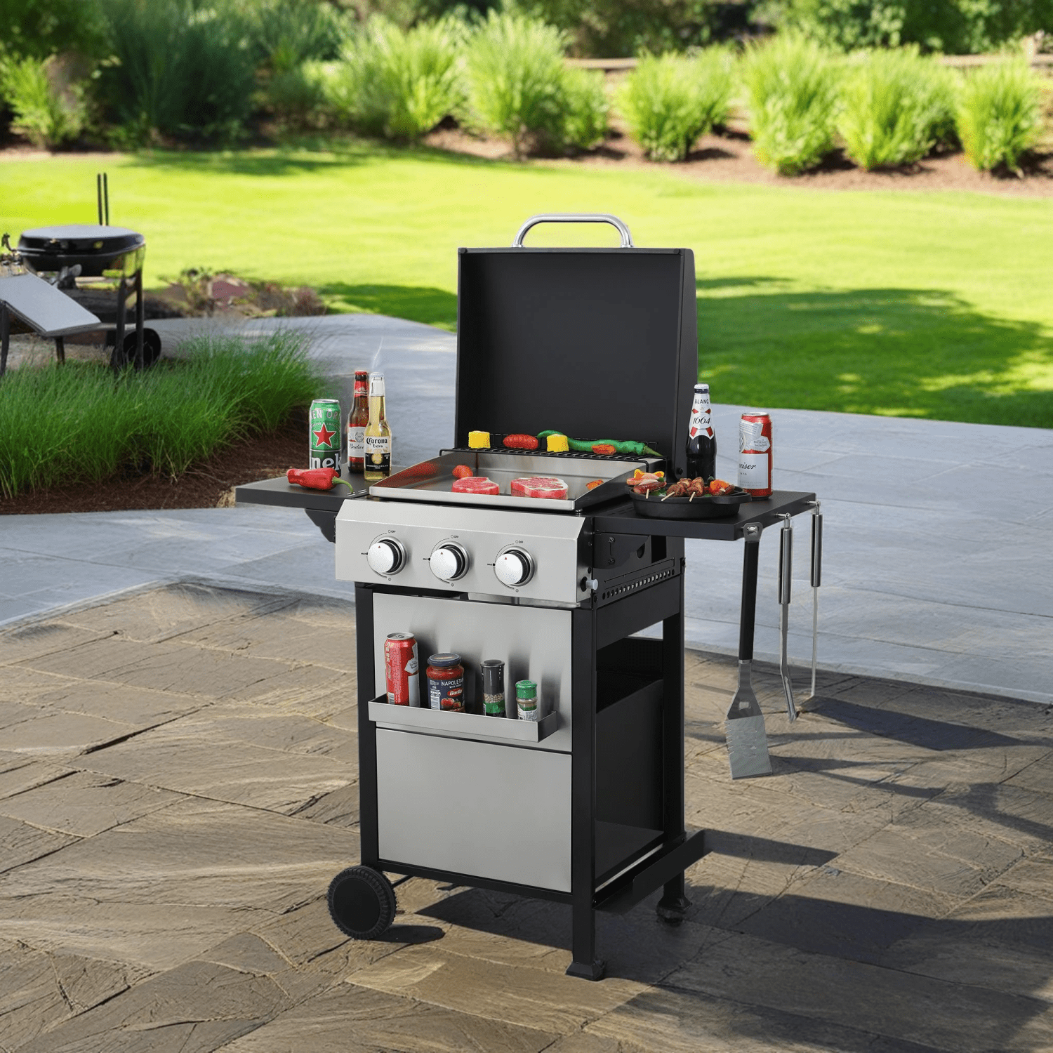Hommoo 3-Burner Propane Gas BBQ Grill, BBQ Grill with SS Plancha and Foldable Side Table and Wire Enamel Cooking Grids, for Outdoor Barbecue
