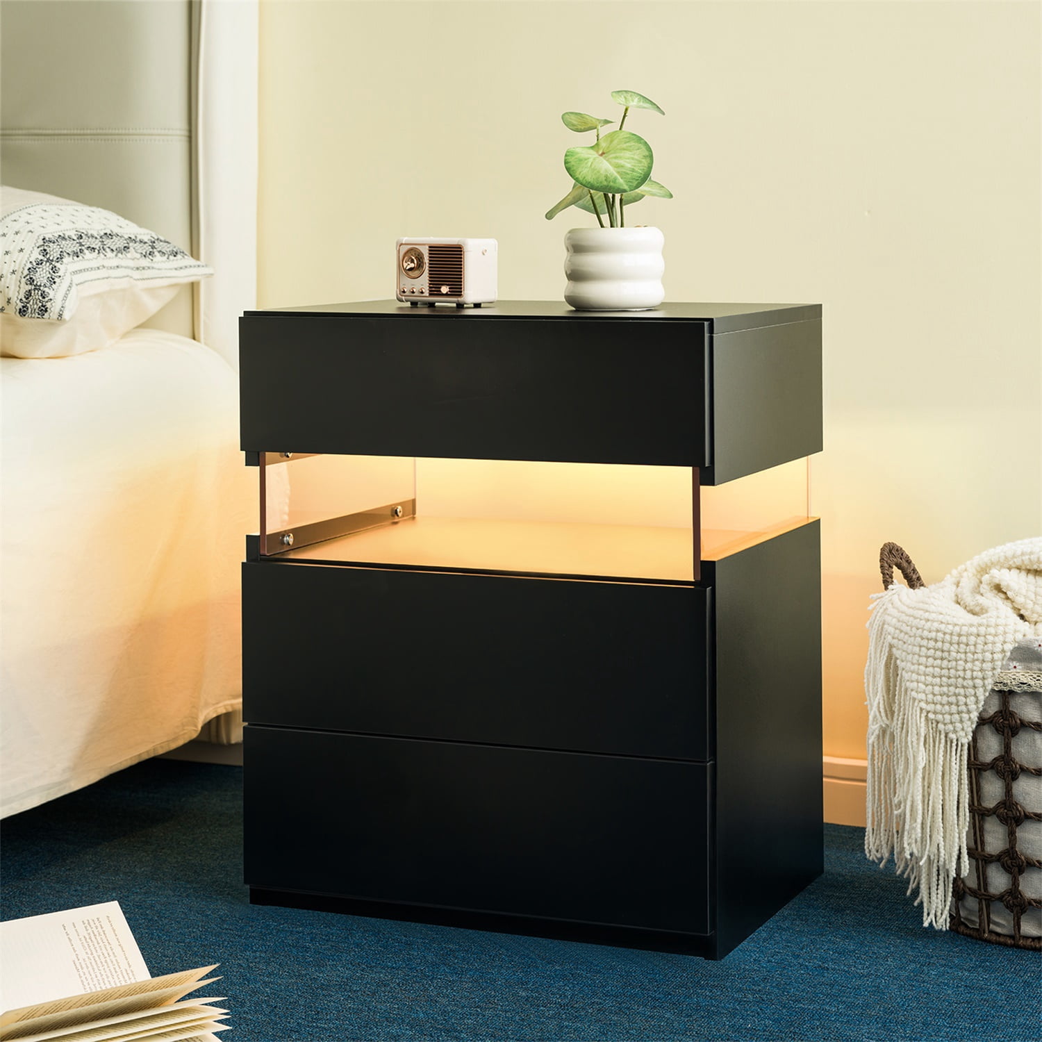 Hommoo 3 Drawer Dresser LED Nightstands, End Table Bedside Tables for Bedroom, Living Room, Black