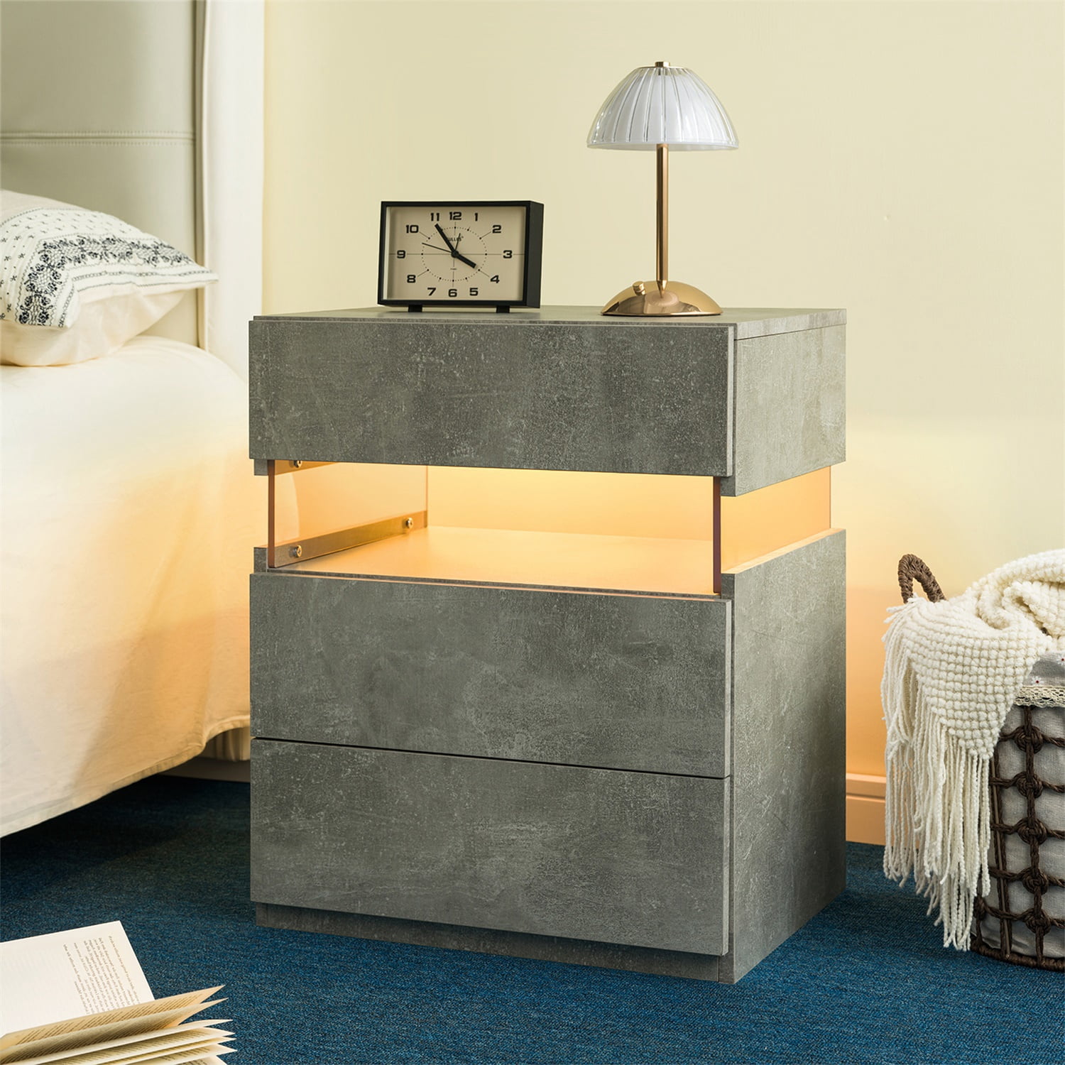 Hommoo 3 Drawer Dresser LED Nightstands, End Table Bedside Tables for Bedroom, Living Room, Gray