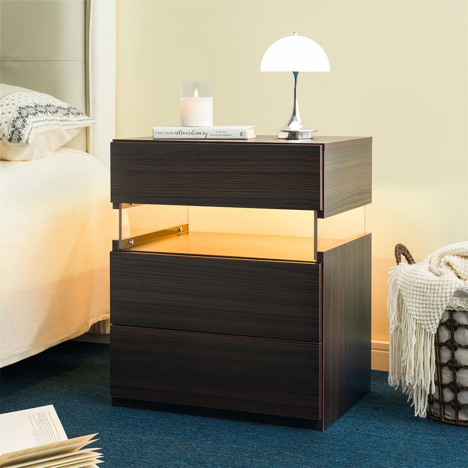 Hommoo 3 Drawer Dresser LED Nightstands, End Table Bedside Tables for Bedroom, Living Room, Walnut