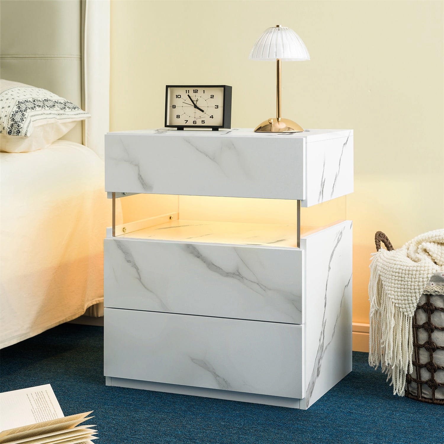 Hommoo 3 Drawer Dresser LED Nightstands, End Table Bedside Tables for Bedroom, Living Room, White Stone