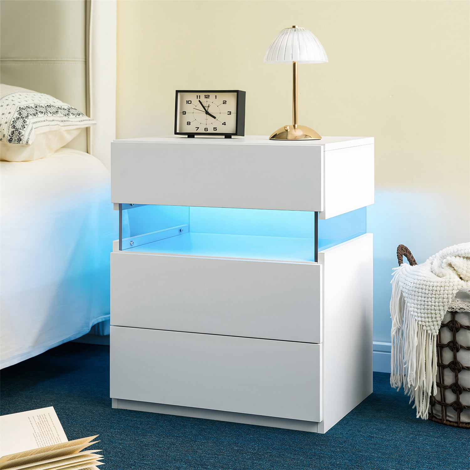 Hommoo 3 Drawer Dresser LED Nightstands, End Table Bedside Tables for Bedroom, Living Room, White