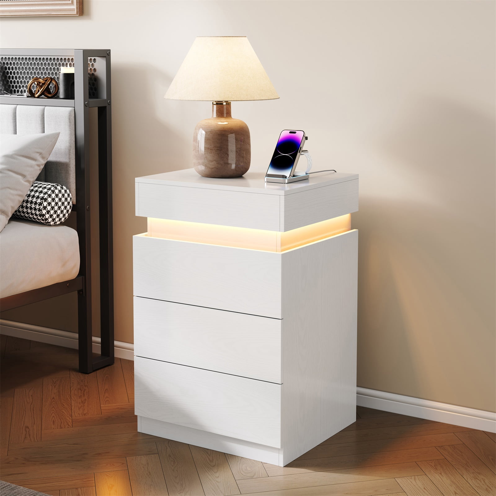 Hommoo 3-Drawer Nightstand with Built-In Charging Station and LED Lighting, Sliding-Top Modern Bedside Table, Wooden End Table, White