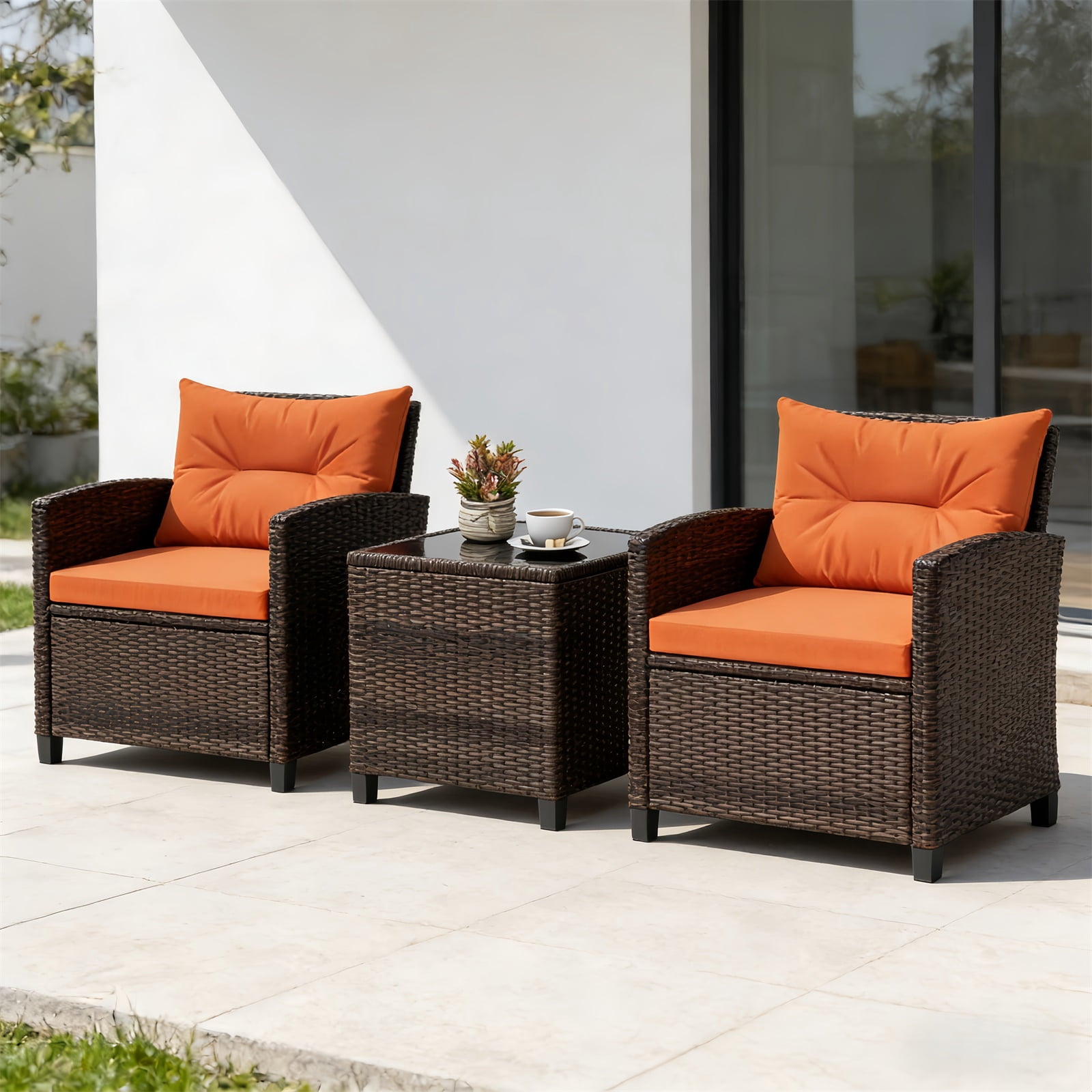 Hommoo 3 PCS Rattan Patio Furniture Set, Outdoor Brown Wicker Conversation Set with Glass Tabletop & Orange Cushion