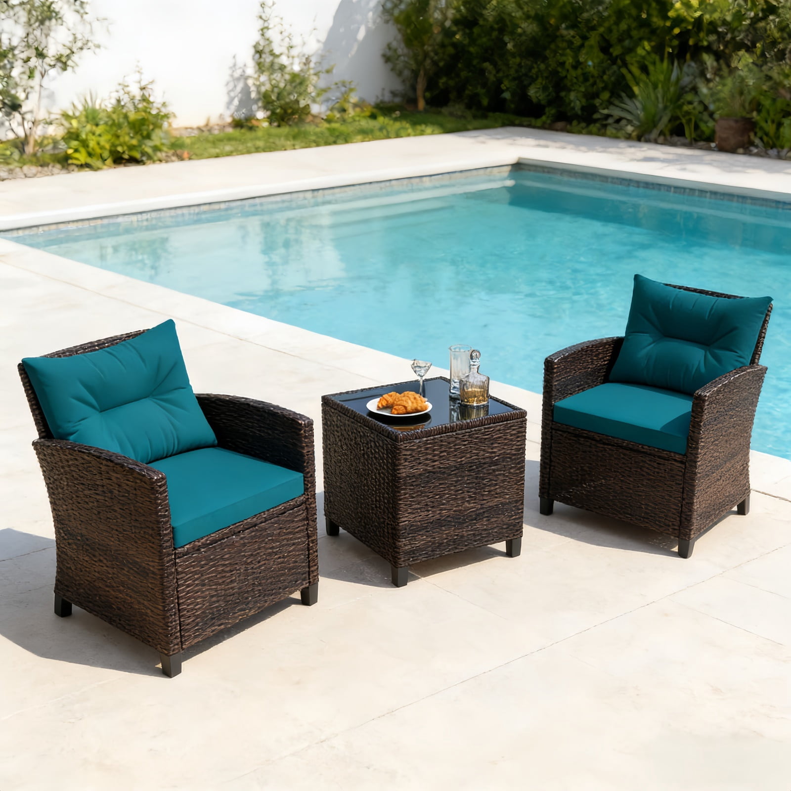 Hommoo 3 PCS Rattan Patio Furniture Set, Outdoor Brown Wicker Conversation Set with Glass Tabletop & Peacock Blue Cushion
