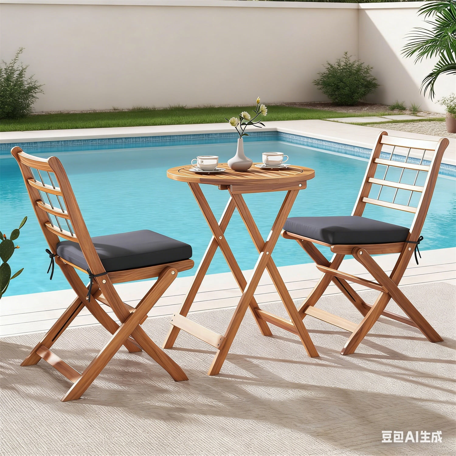 Hommoo 3 Pcs Acacia Wood Patio Bistro Set, Outdoor Folding Table and Chair Set with Gray Cushions
