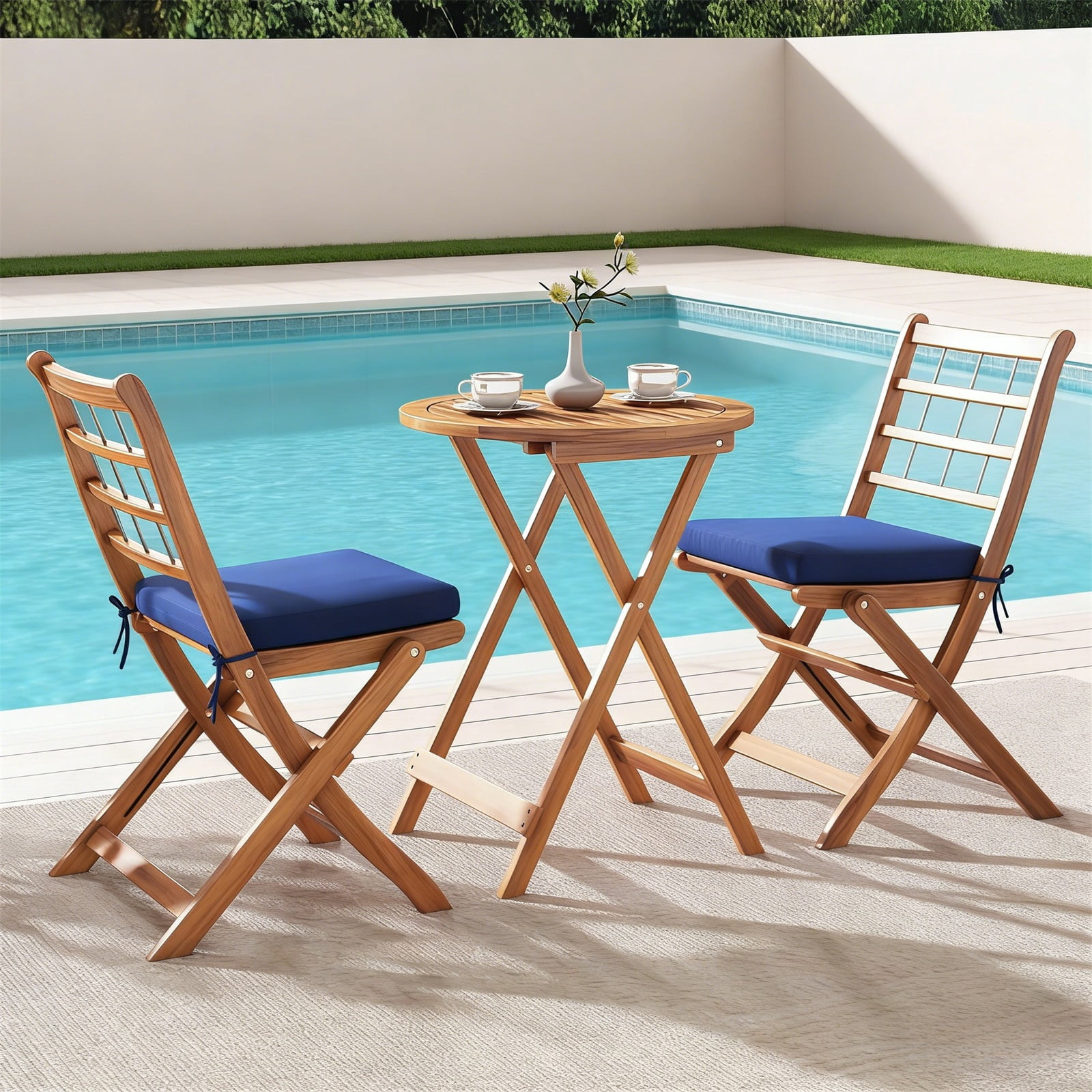 Hommoo 3 Pcs Acacia Wood Patio Bistro Set, Outdoor Folding Table and Chair Set with Navy Cushions