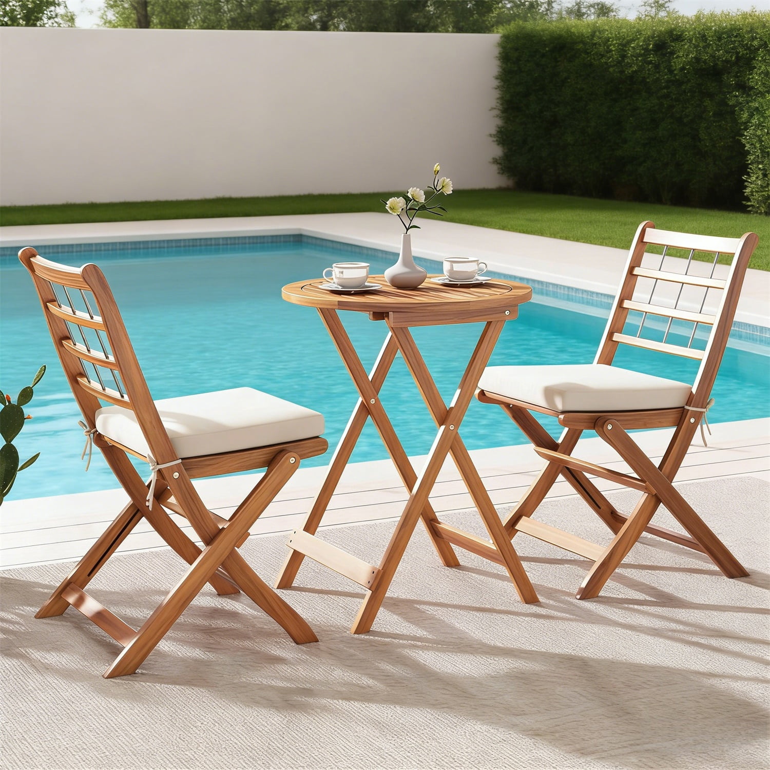 Hommoo 3 Pcs Acacia Wood Patio Bistro Set, Outdoor Folding Table and Chair Set with White Cushions