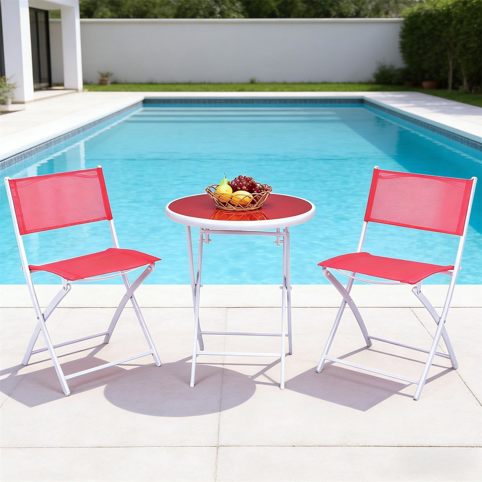 Hommoo 3 Pcs Patio Folding Bistro Set, Balcony Outdoor Folding Table Chairs Set, Red