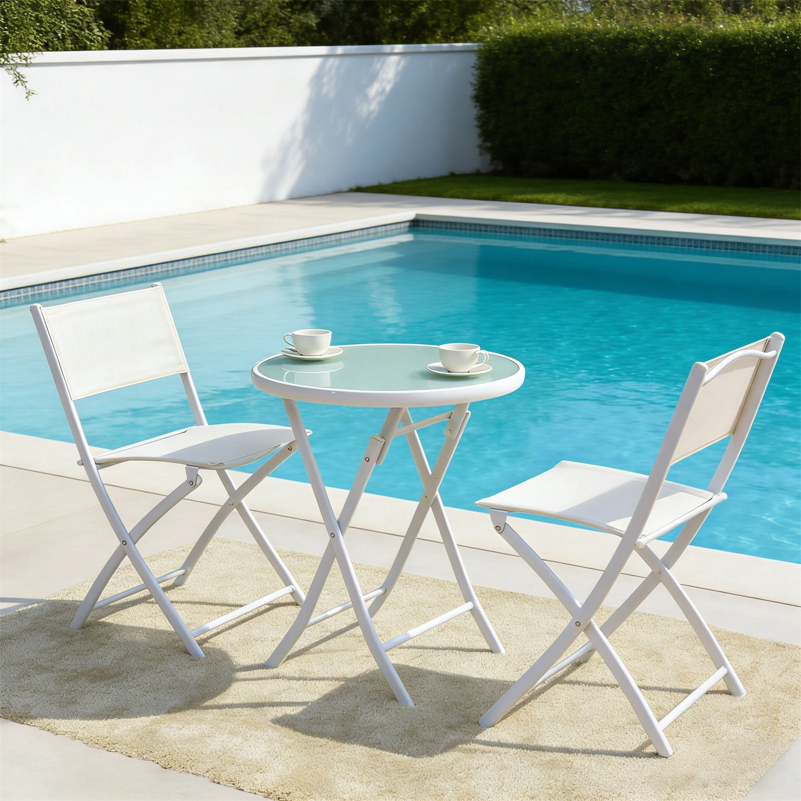 Hommoo 3 Pcs Patio Folding Bistro Set, Balcony Outdoor Folding Table Chairs Set, White