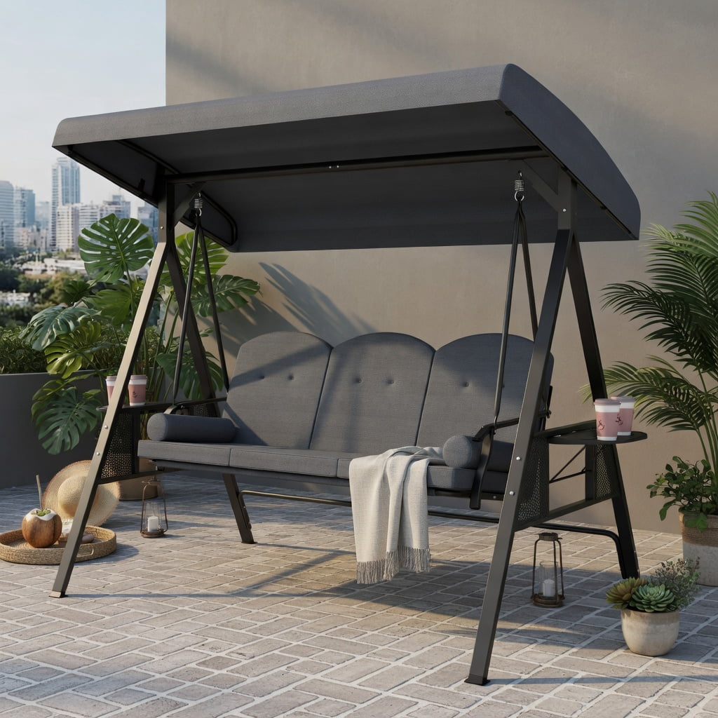 Hommoo 3-Person Outdoor Patio Swing Chair with Adjustable 60° Canopy, Thick Cushions, Foldable Side Trays & Heavy-Duty Steel Frame, Gray