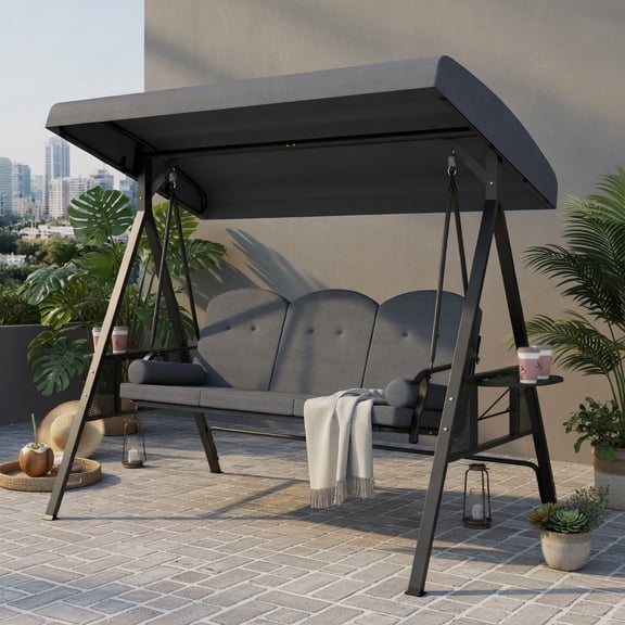 Hommoo 3-Person Outdoor Patio Swing Chair with Adjustable 60 Canopy, Thick Cushions, Foldable Side Trays & Heavy-Duty Steel Frame, Gray