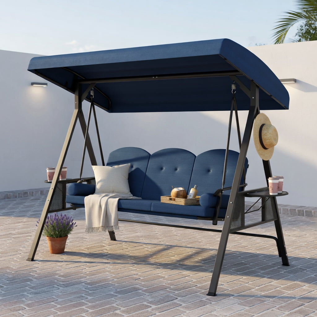 Hommoo 3-Person Outdoor Patio Swing Chair with Adjustable 60° Canopy, Thick Cushions, Foldable Side Trays & Heavy-Duty Steel Frame, Navy