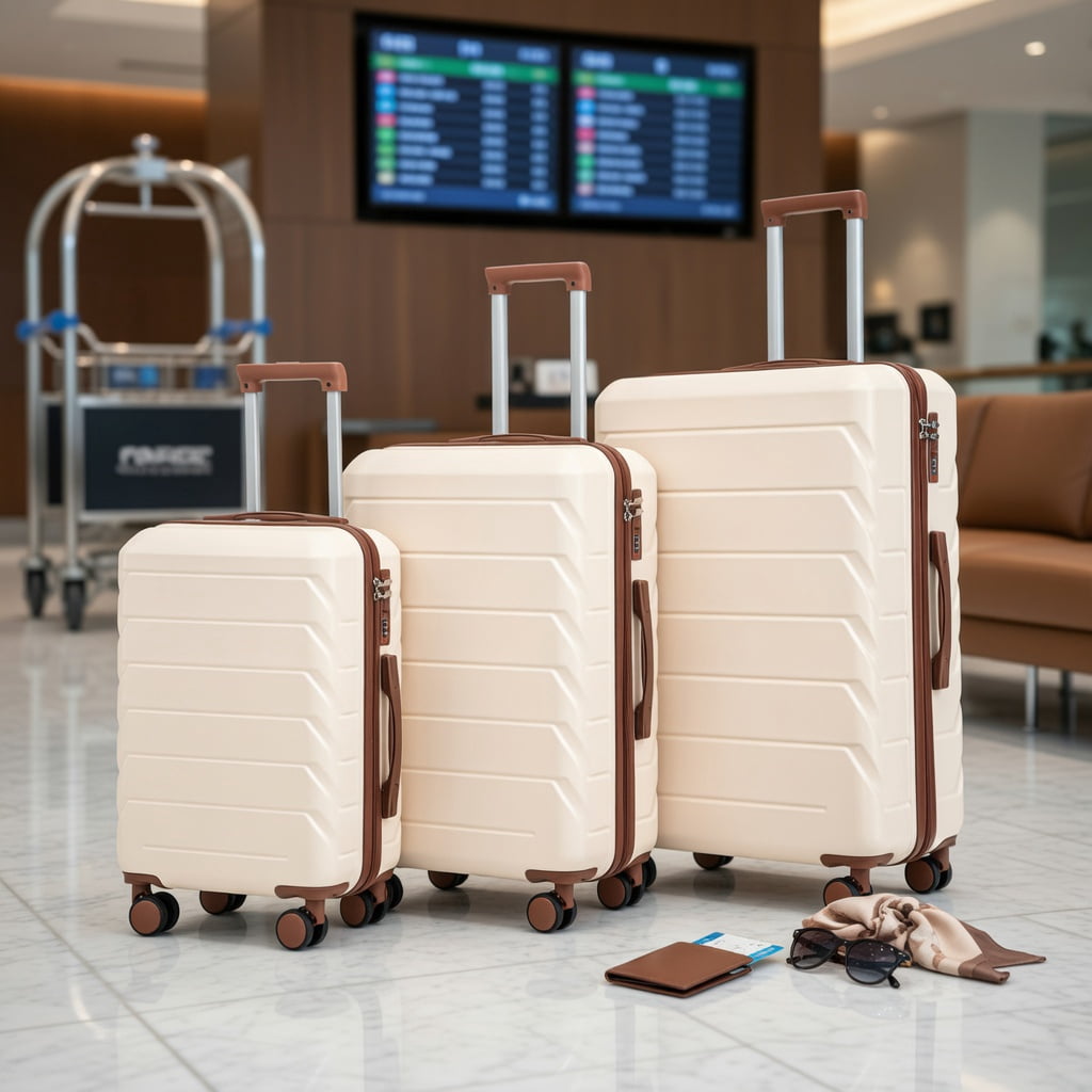 Hommoo 3-Piece ABS Hard Shell Luggage Set, 20", 24" & 28" Spinner Suitcases with TSA-Compatible Combination Lock, 360° Silent Wheels, Retractable Handle, Matching Travel Set, Beige