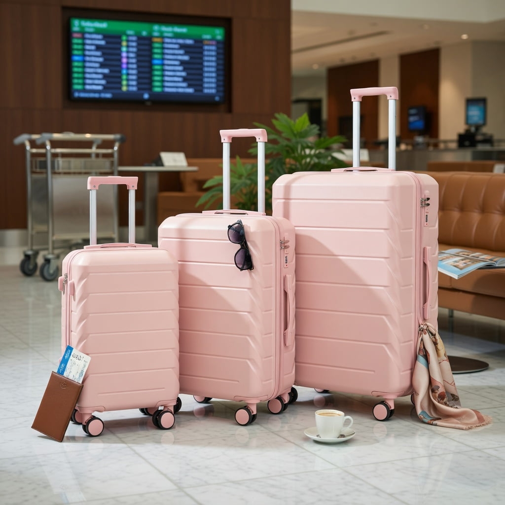 Hommoo 3-Piece ABS Hard Shell Luggage Set, 20", 24" & 28" Spinner Suitcases with TSA-Compatible Combination Lock, 360° Silent Wheels, Retractable Handle, Matching Travel Set, Pink