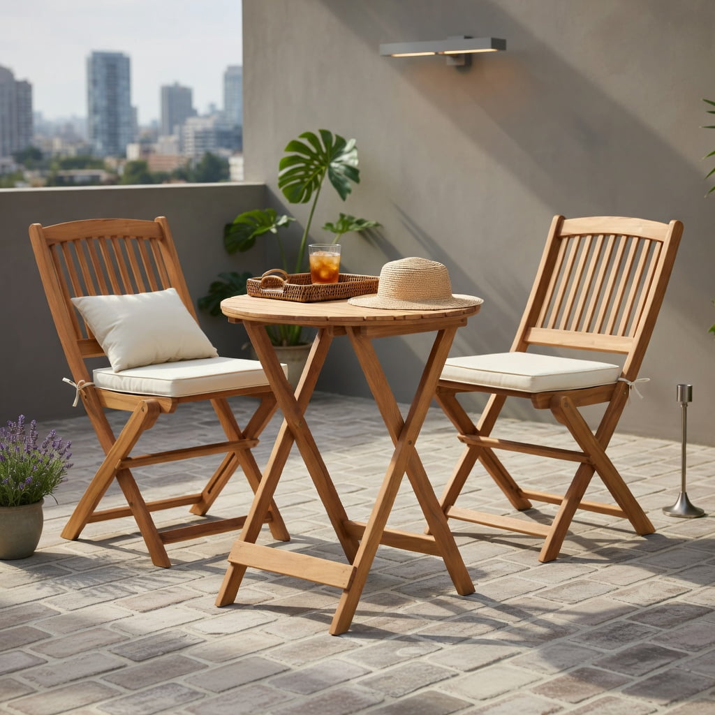Hommoo 3-Piece Acacia Wood Folding Bistro Set with Removable Cushions, Outdoor Patio Chairs & Round Table for Balcony, Porch, Garden, Natural