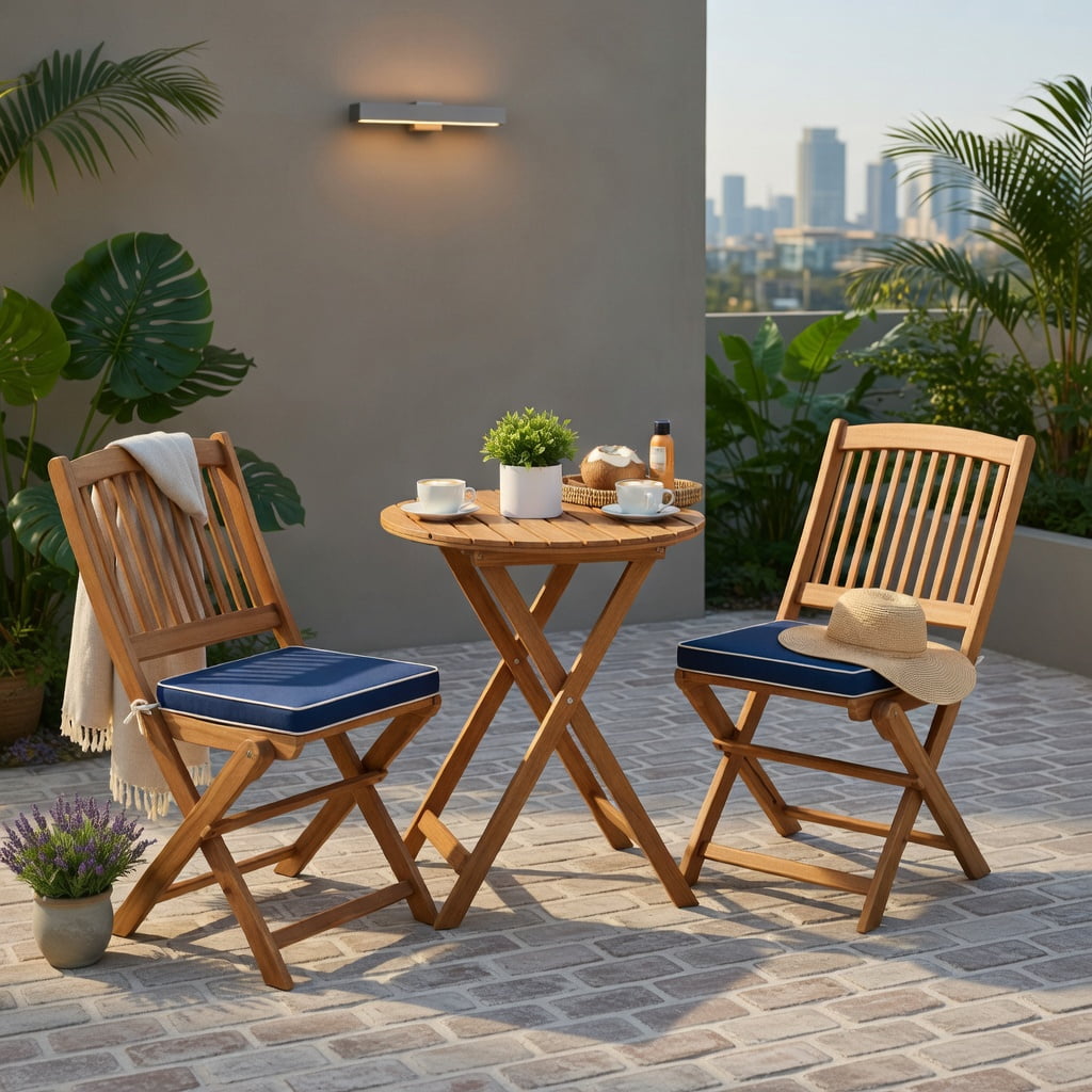 Hommoo 3-Piece Acacia Wood Folding Bistro Set with Removable Cushions, Outdoor Patio Chairs & Round Table for Balcony, Porch, Garden, Navy