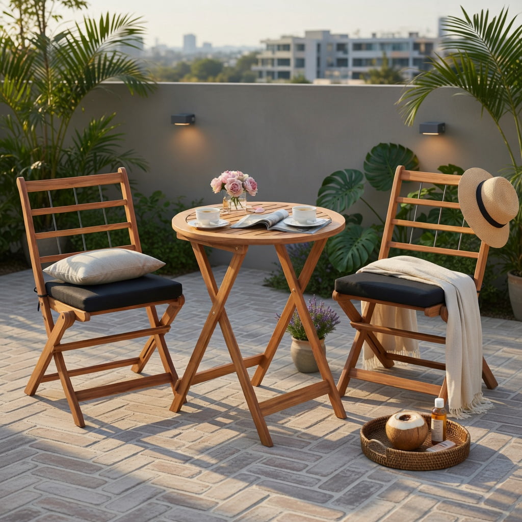 Hommoo 3-Piece Acacia Wood Folding Patio Bistro Set with Cushions, Outdoor Dining Set for Balcony, Porch & Garden, Gray