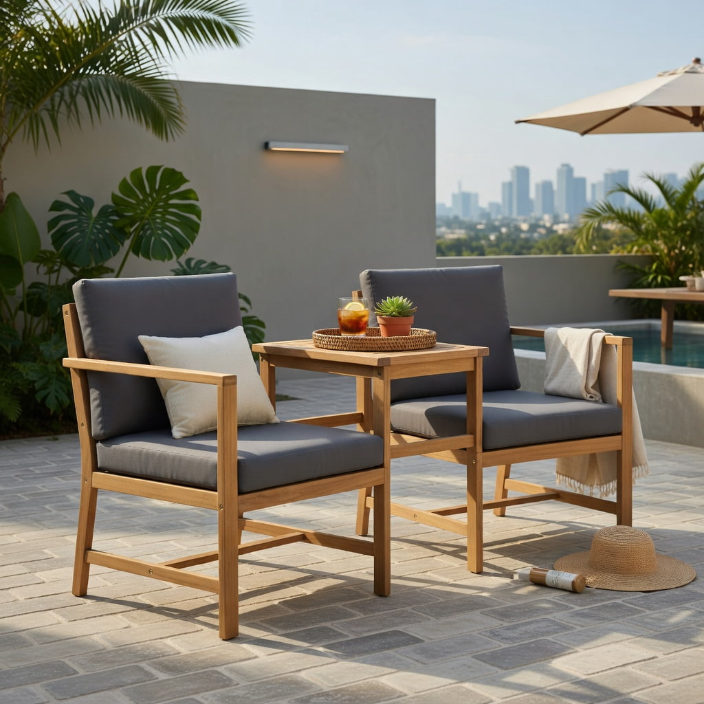 Hommoo 3-Piece Acacia Wood Outdoor Loveseat Set with Detachable Coffee Table & Removable Cushions, Teak Patio Furniture for Backyard, Balcony & Poolside, Natural