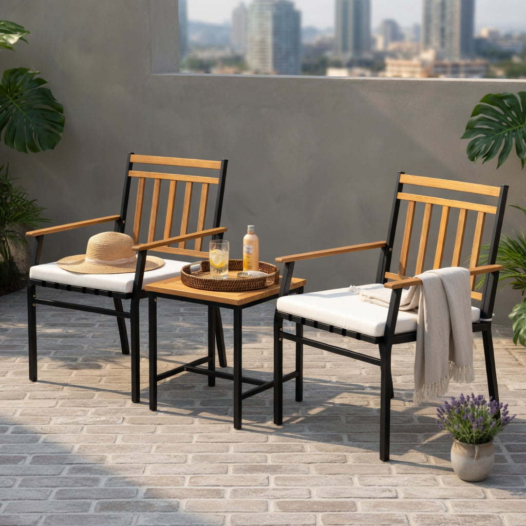 Hommoo 3-Piece Acacia Wood Outdoor Patio Conversation Set with Cushions, Sturdy Metal Frame, Ergonomic Chairs & Coffee Table for Backyard, Deck or Balcony, White
