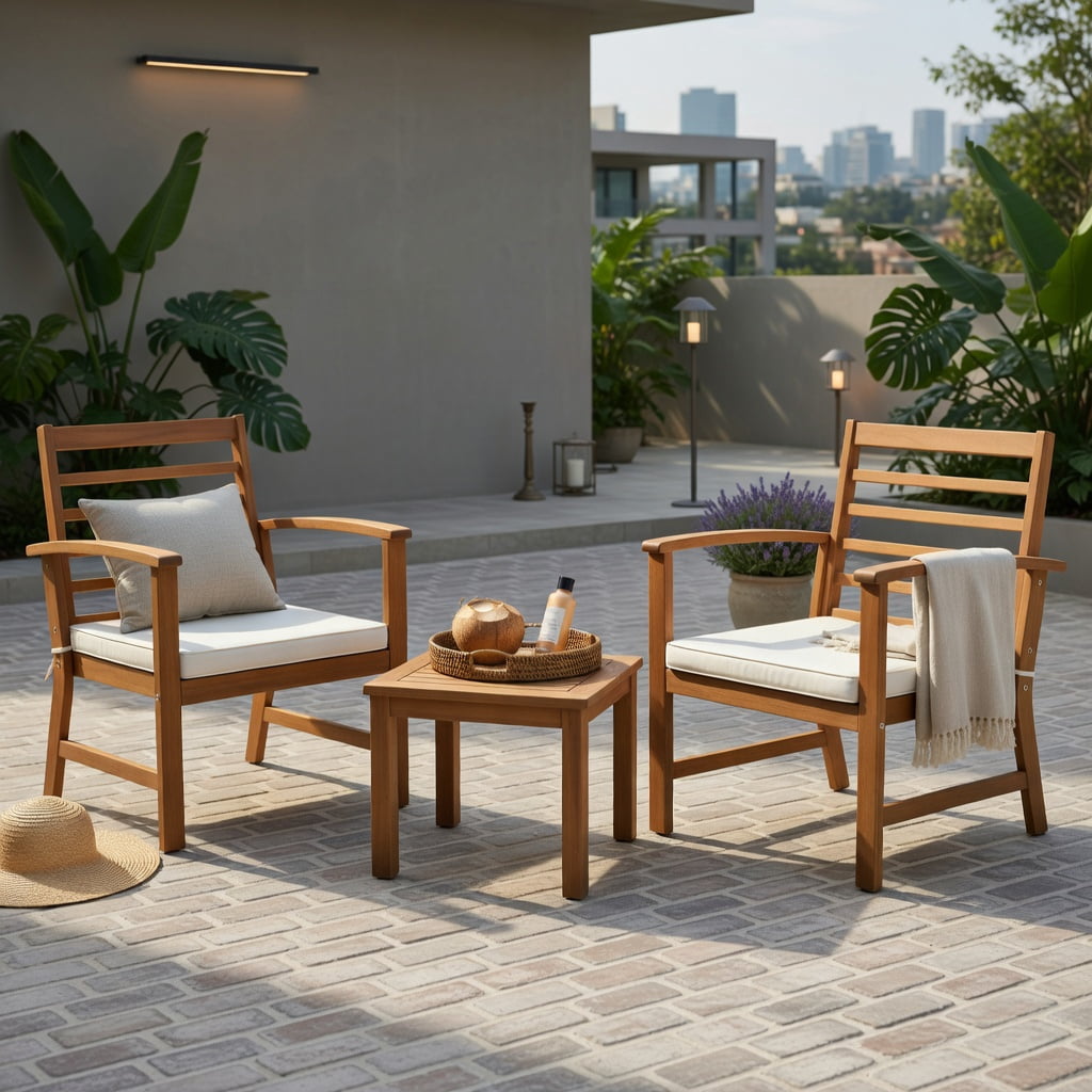 Hommoo 3-Piece Acacia Wood Outdoor Patio Furniture Set with Cushions, Durable Backyard Chair Set with Ergonomic Design and High-Density Foam Seating, White