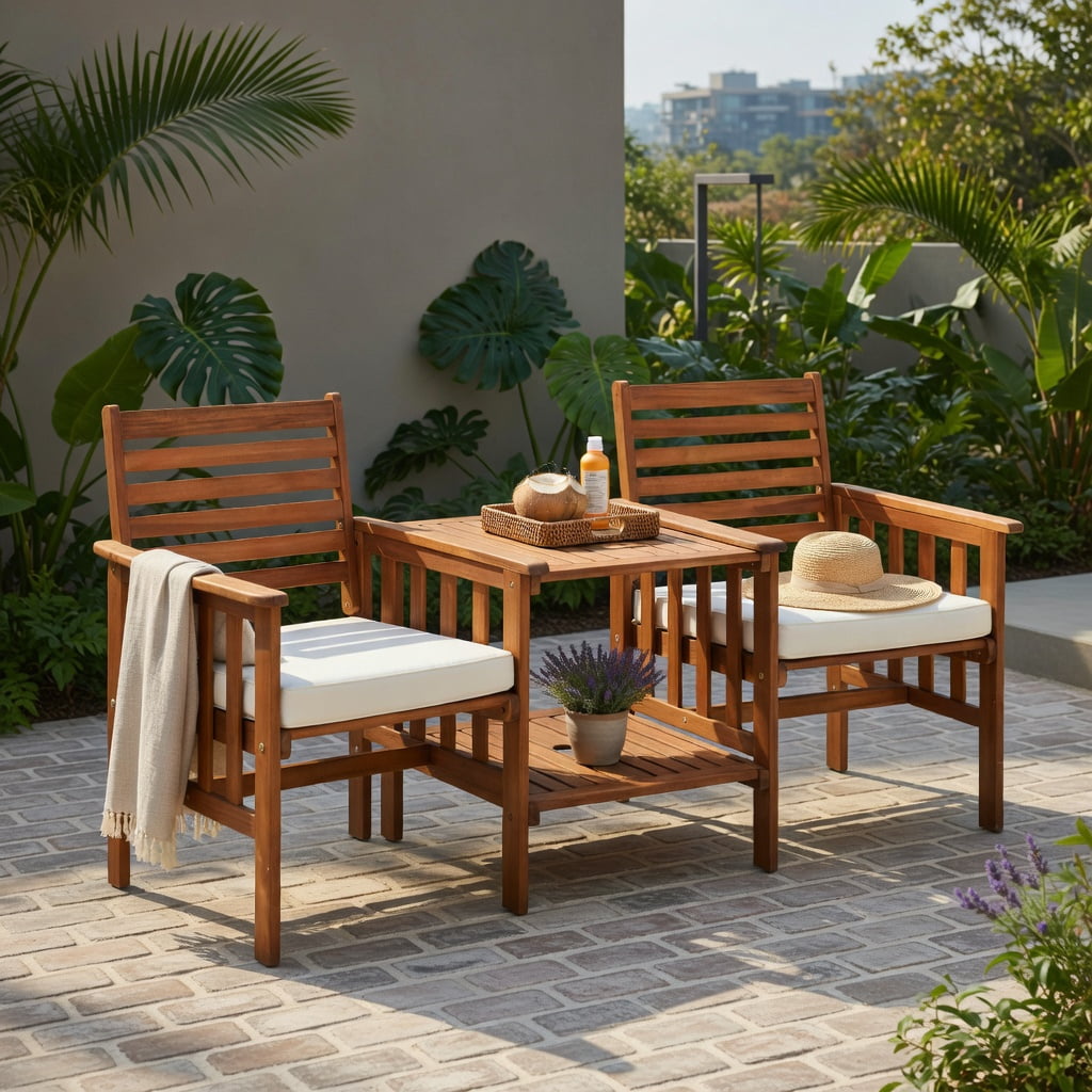 Hommoo 3-Piece Acacia Wood Outdoor Patio Furniture Set, Loveseat with Cushions & Umbrella Hole Coffee Table, White