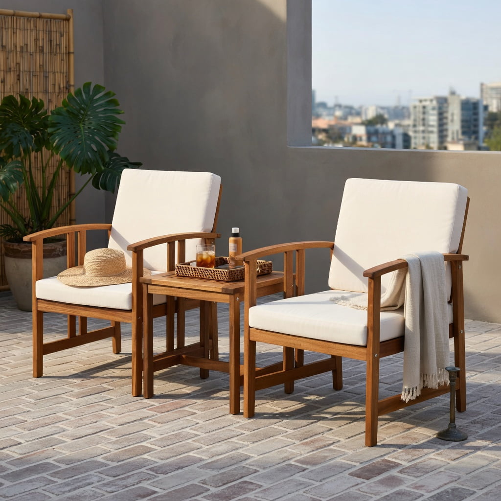 Hommoo 3-Piece Acacia Wood Outdoor Patio Sofa Set, Cushioned Garden Seating for Patio, Poolside & Backyard, White