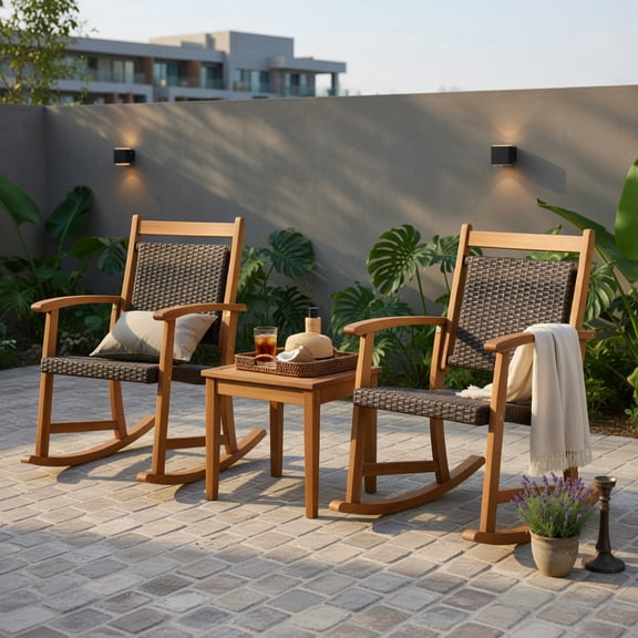 Hommoo 3-Piece Acacia Wood Outdoor Rocking Chair Set with Side Table, Rustic Patio Furniture for Backyard, Porch & Poolside, Reddish Brown