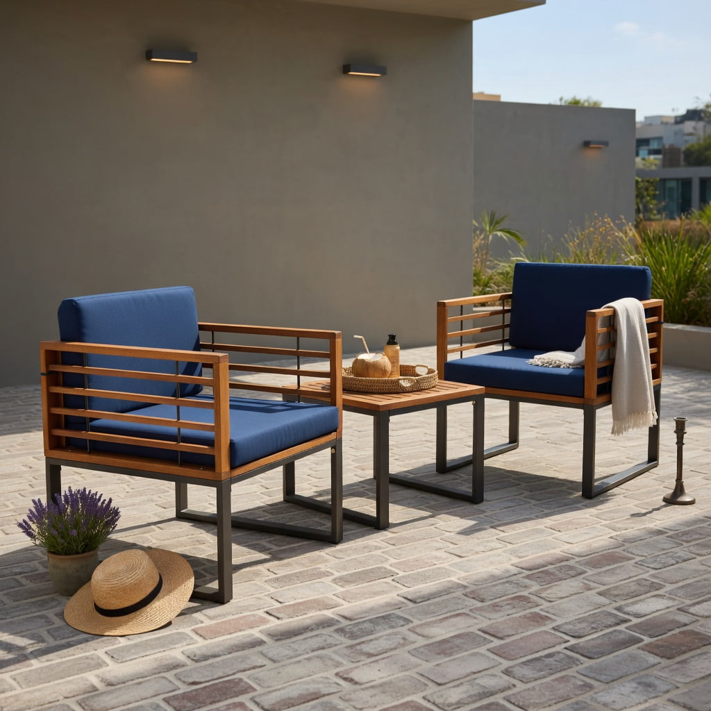 Hommoo 3-Piece Acacia Wood Patio Conversation Set with Cushioned Armchairs & Matching Coffee Table, Rust-Resistant Metal Frame, Removable Washable Covers, Ideal for Deck, Balcony & Porch, Navy