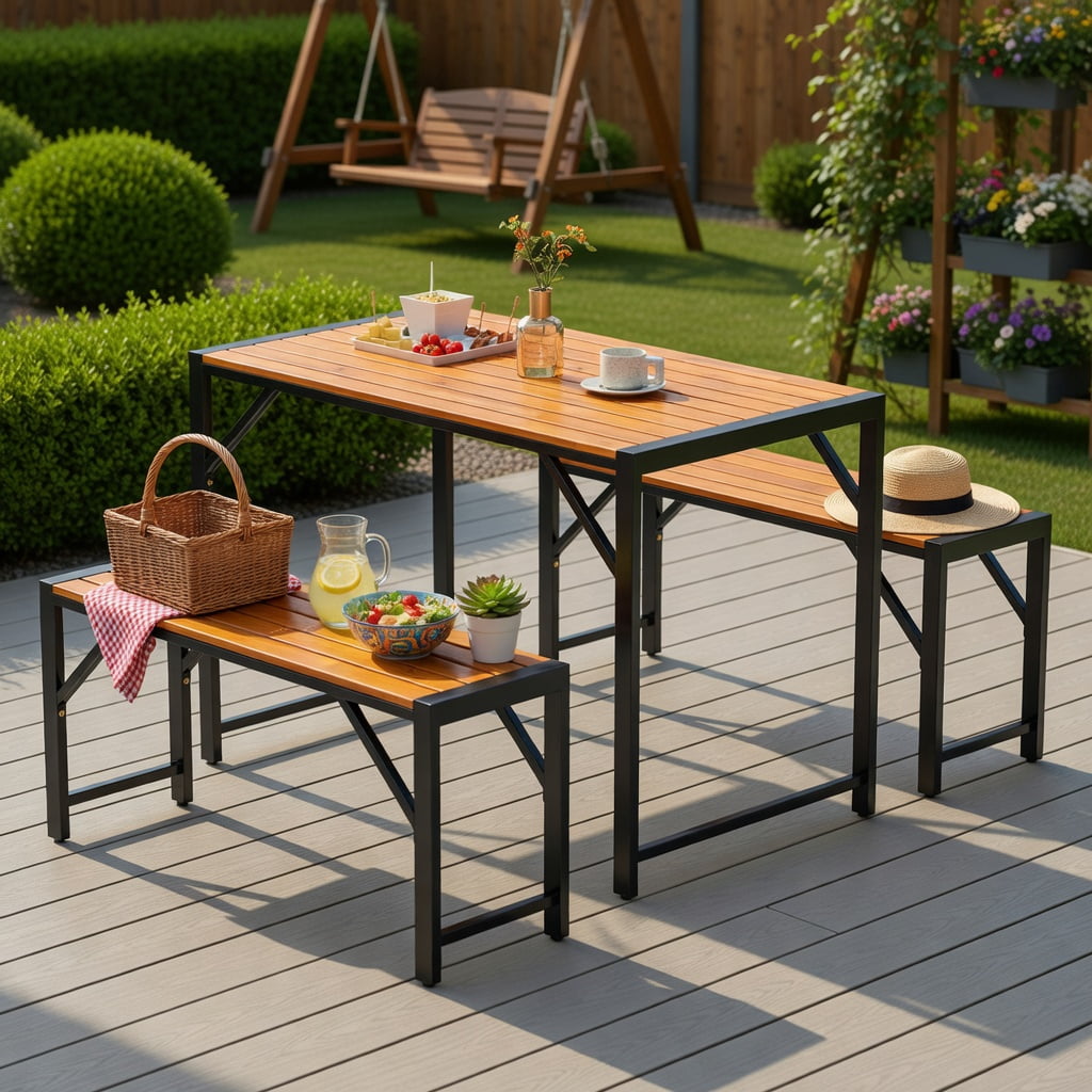 Hommoo 3-Piece Acacia Wood Patio Dining Set, Picnic Table & 2 Benches for 4, Outdoor Furniture with Heavy-Duty Metal Frame, Black & Natural