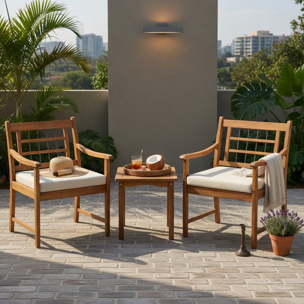 Hommoo 3-Piece Acacia Wood Patio Furniture Set, Outdoor Chair Set with Ergonomic Slatted Design & Matching Coffee Table for Backyard, Poolside, Balcony, White