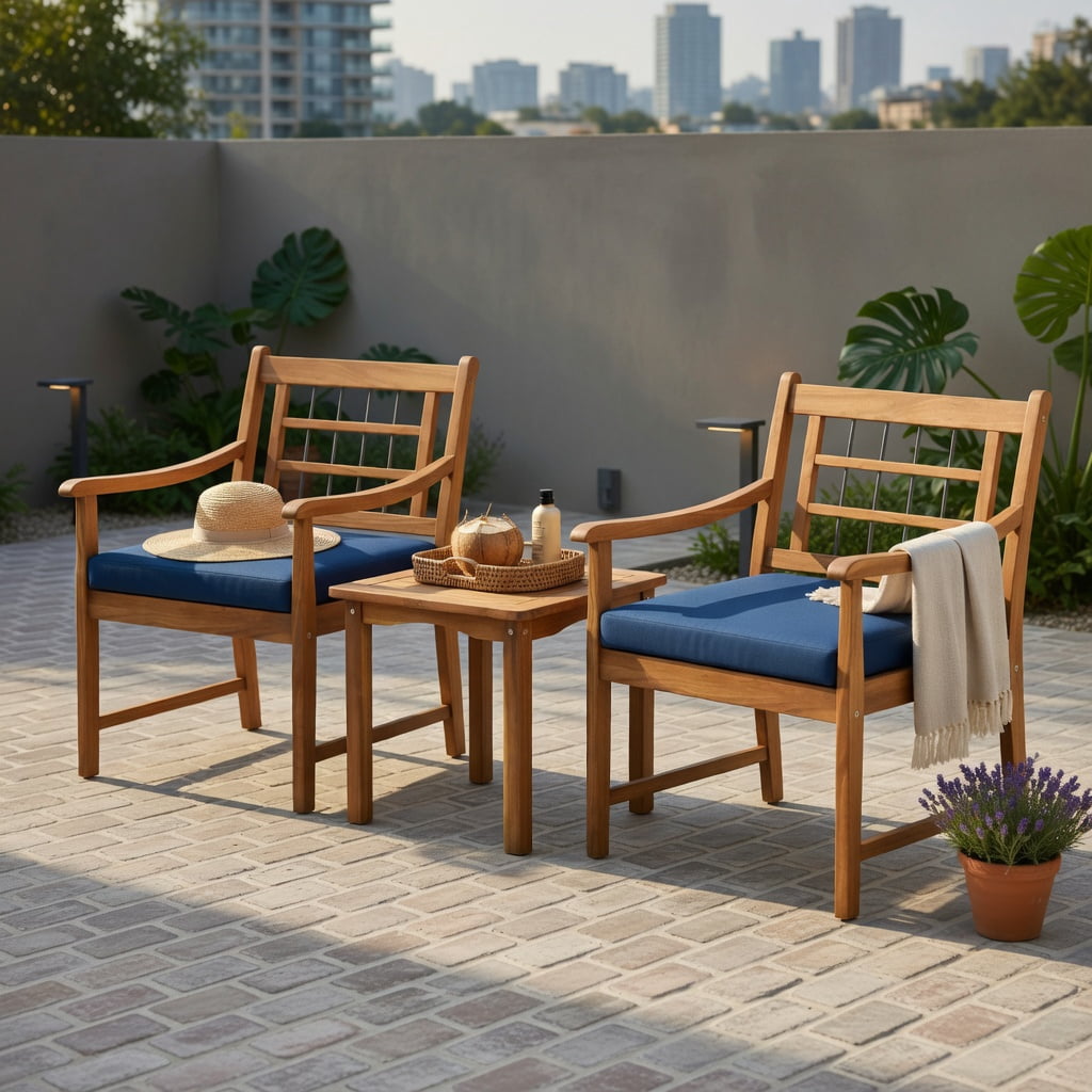 Hommoo 3-Piece Acacia Wood Patio Furniture Set with Cushions, Outdoor Dining Chairs & Square Coffee Table for Backyard, Poolside, Balcony, Navy