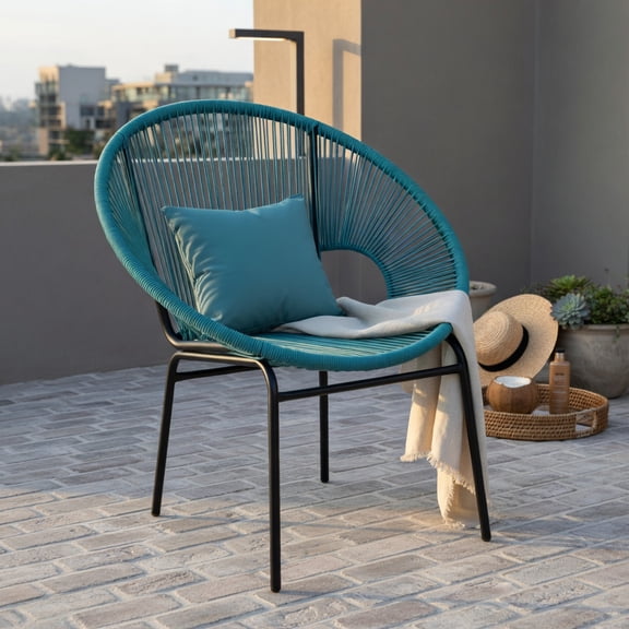 Hommoo 3-Piece Acapulco Patio Bistro Set, Plastic Rope Chairs + Tempered Glass Table for Outdoor Dining, Poolside & Garden, Turquoise