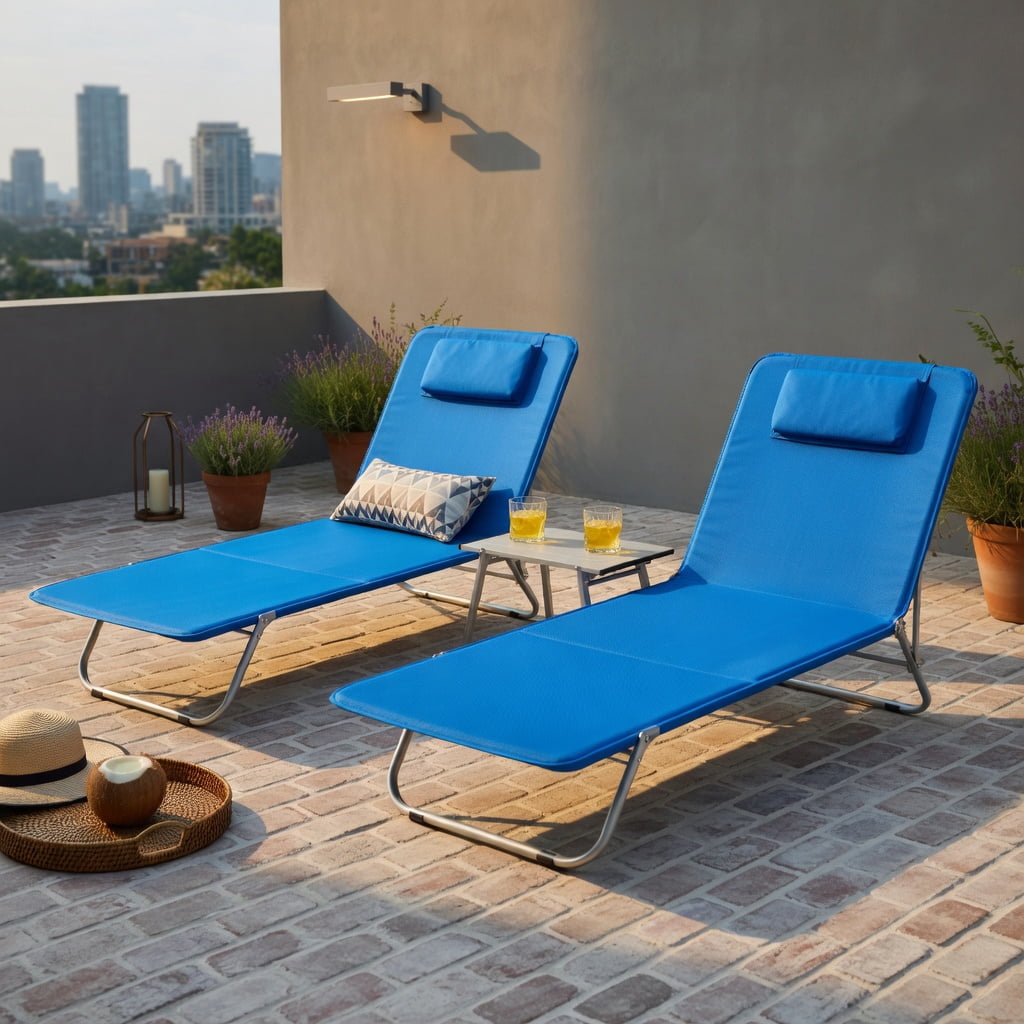 Hommoo 3-Piece Adjustable Beach Lounge Chair Set with Folding Table, Stripe Design, Portable Aluminum Frame, 5-Position Reclining Chairs for Beach, Camping, Patio & Backyard, Blue