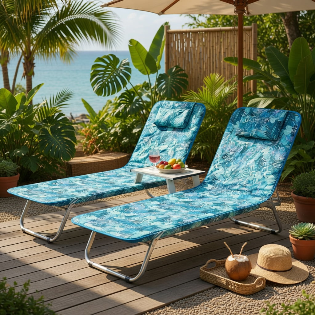 Hommoo 3-Piece Adjustable Beach Lounge Chair Set with Folding Table, Oxford Fabric Outdoor Chairs for Beach, Camping, Patio & Backyard, Green