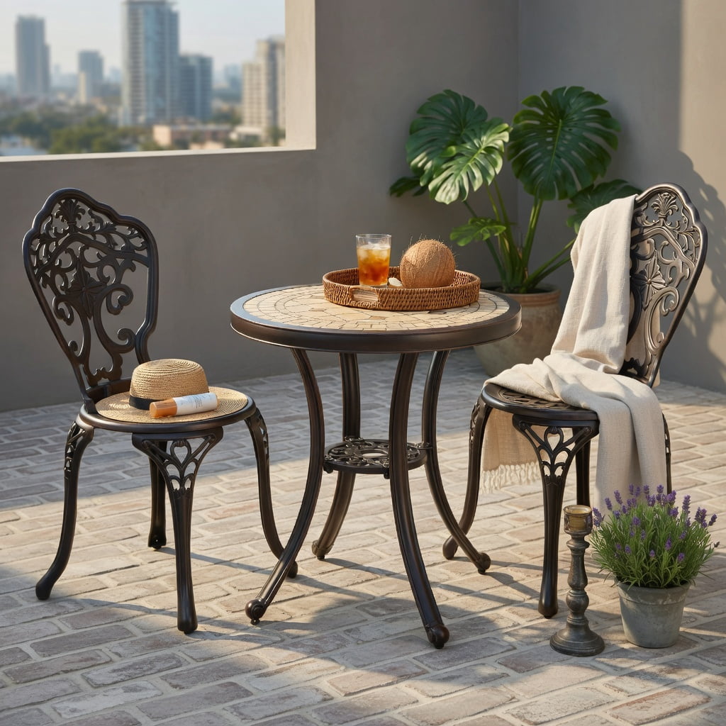 Hommoo 3-Piece All-Weather Cast Aluminum Patio Bistro Set in Copper Finish, Rust-Resistant Outdoor Table & Chairs for Porch, Backyard, Poolside, Brown
