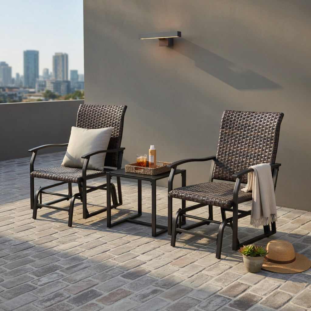 Hommoo 3-Piece All-Weather Patio Gliding Set with Tempered Glass Coffee Table, PE Rattan Outdoor Seating for Backyard, Poolside & Porch, Brown