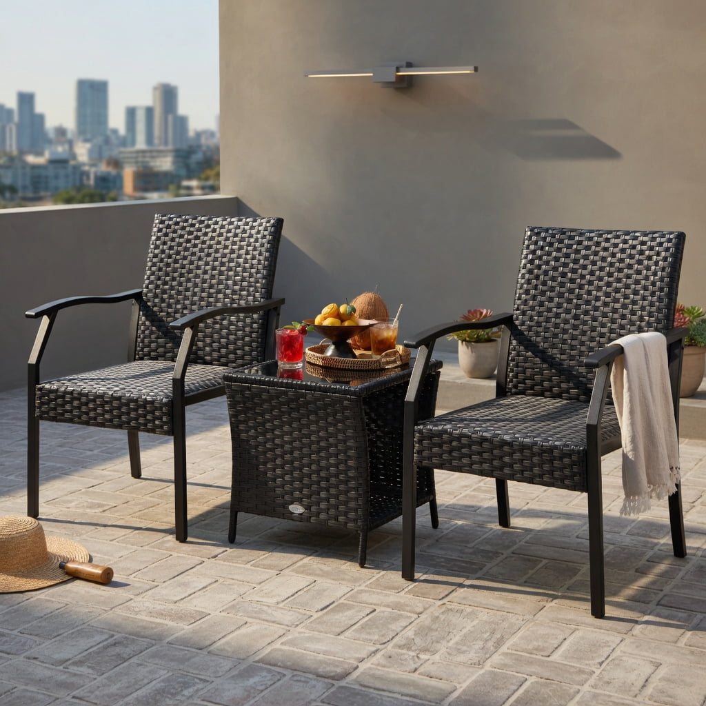 Hommoo 3-Piece All-Weather Wicker Patio Chair Set with Quick-Dry Foam Cushions & Tempered Glass Coffee Table, PE Rattan Outdoor Seating for Backyard, Poolside & Porch, Brown