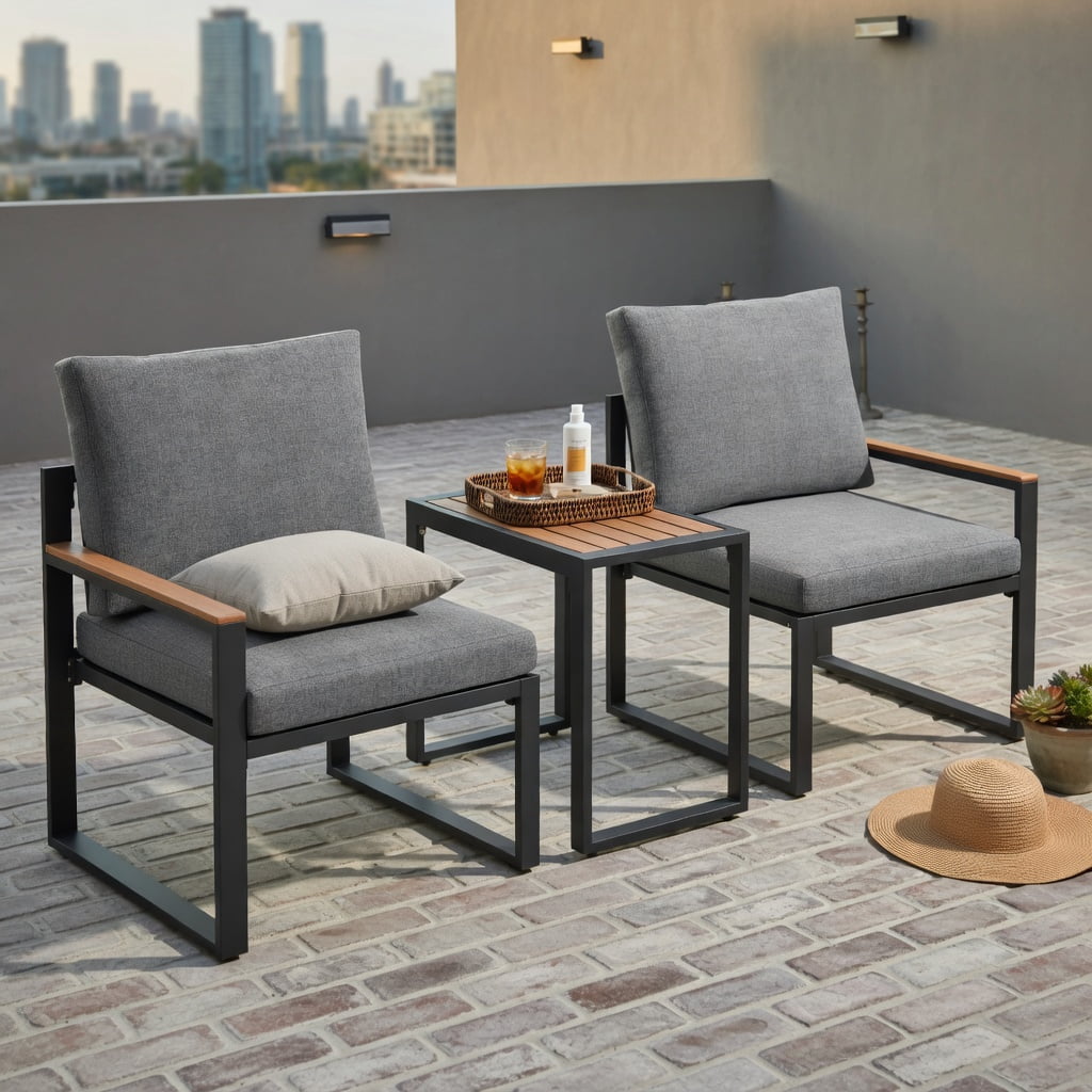 Hommoo 3-Piece Aluminum Outdoor Conversation Set, Weather-Resistant Patio Seating with Thick Olefin Cushions, WPC Coffee Table, Adjustable Feet for Deck, Porch & Poolside, Gray