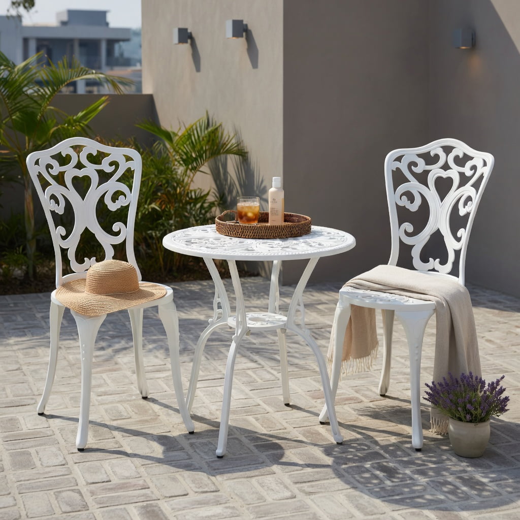 Hommoo 3-Piece Cast Aluminum All-Weather Bistro Set, Patio Table & 2 Chairs with 2-Inch Umbrella Hole, Rust-Resistant Outdoor Furniture for Garden, Poolside & Balcony, White