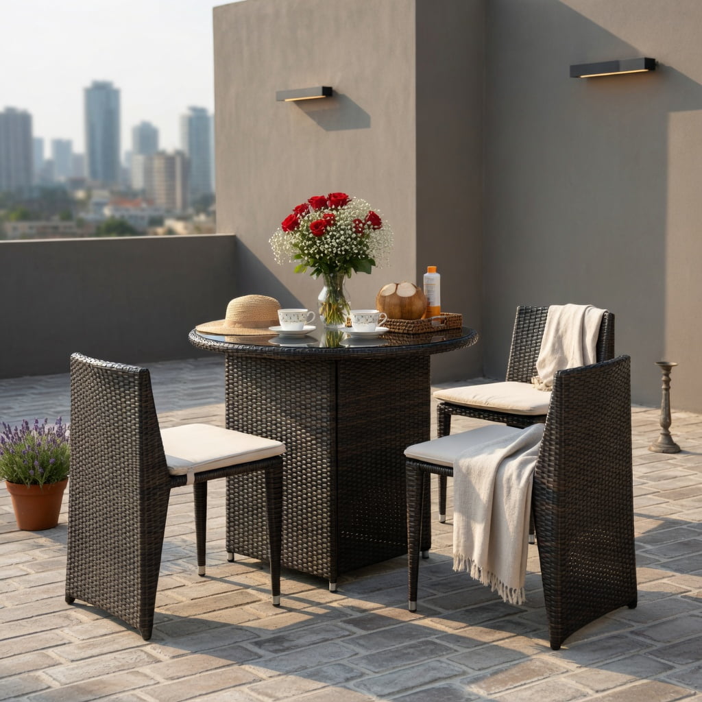 Hommoo 3-Piece Cushioned Wicker Bistro Set, PE Rattan Chairs & White Polyester Cushions, Patio, Porch, Poolside or Garden Furniture, Brown