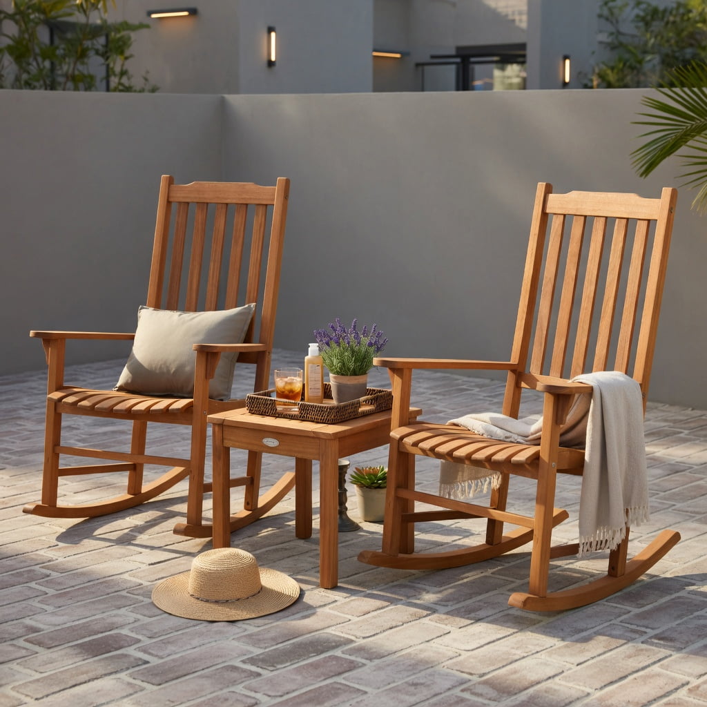 Hommoo 3-Piece Eucalyptus Outdoor Rocking Chair Set with Square Coffee Table, Patio, Deck & Garden Furniture Set for 2, Natural